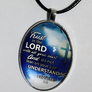 Trust in the Lord Men oval pendant necklace silver tone leather cord necklace